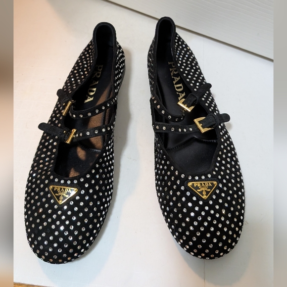 Prada Shoes - Prada Black Suede Ballerina Flats Dual Mary Jane Crystals Size 36.5 Logo NWOB